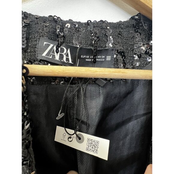 Zara Womens Sequin Jacket Blazer XS Black Fringed Textured New - Picture 6 of 14